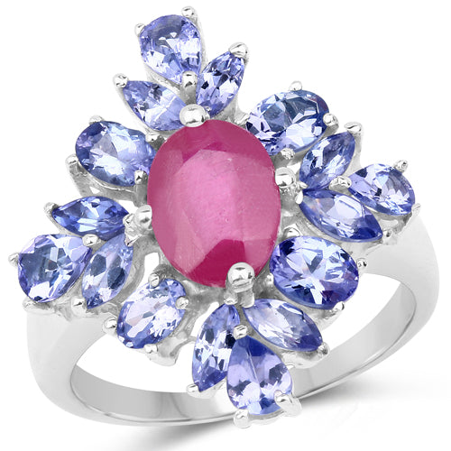 Elegant 3.48 Carat Ruby and Tanzanite Sterling Silver Ring