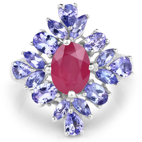 Elegant 3.48 Carat Ruby and Tanzanite Sterling Silver Ring