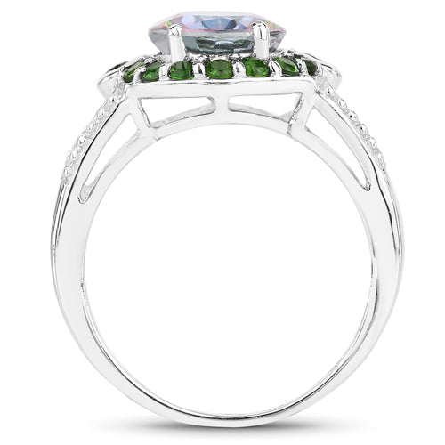 3.92 Carat Genuine Rainbow Quartz & Chrome Diopside Sterling Silver Ring