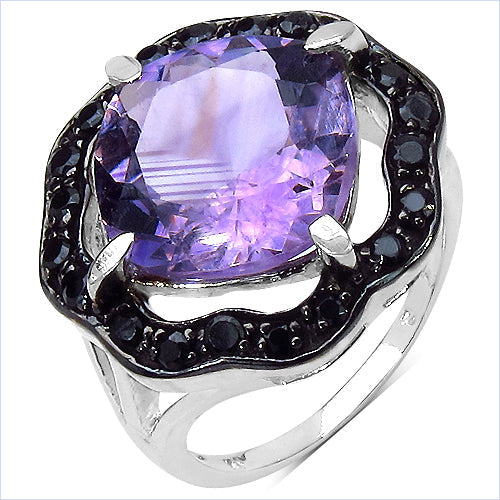 Anillo de Plata de Ley con Amatista y Espinela Negra de 6.09 Quilates