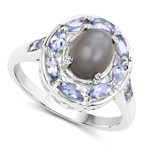 Anillo de Plata Esterlina con Piedra de Luna Gris y Tanzanita de 2.35 Quilates