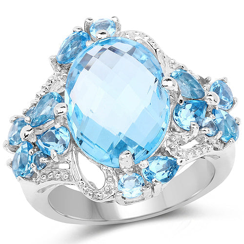 9.50 Carat Blue Topaz & Swiss Blue Topaz Sterling Silver Ring