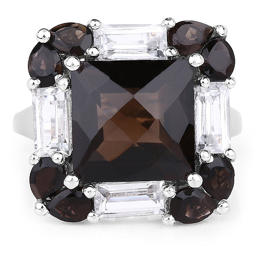 7.43 Carat Smoky Quartz & White Topaz Sterling Silver Ring
