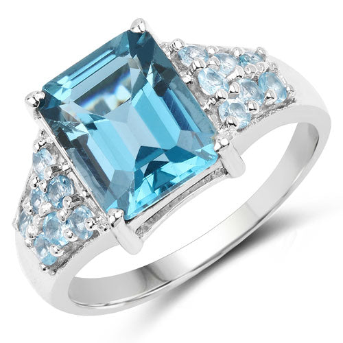 Anillo de plata esterlina con topacio azul de Londres y topacio azul suizo de 4.39 quilates