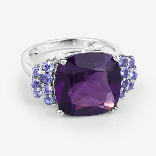 6.34 Carat Genuine Amethyst and Tanzanite Sterling Silver Ring