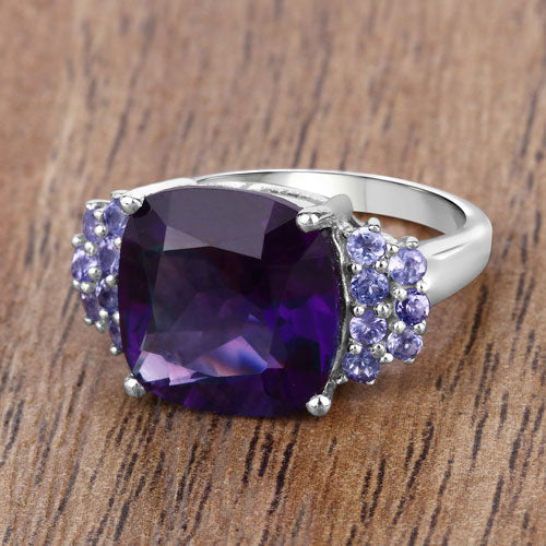 6.34 Carat Genuine Amethyst and Tanzanite Sterling Silver Ring