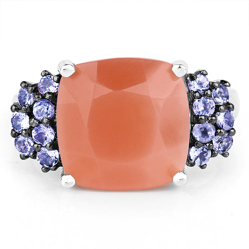 Anillo de Plata Esterlina con Piedra de Luna Durazno y Tanzanita de 6.18 Quilates