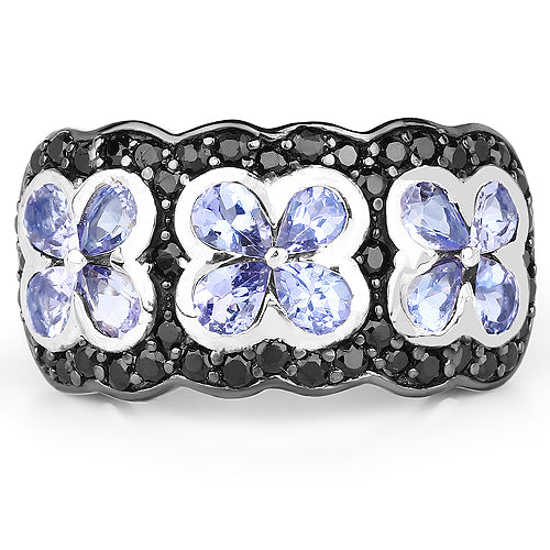14K Yellow Gold Plated Tanzanite & Black Spinel Floral Ring