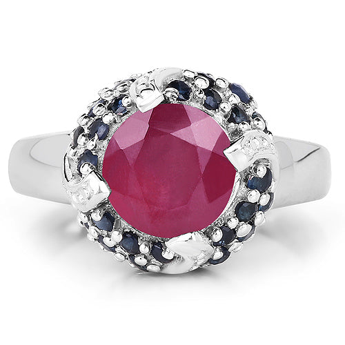 Anillo de Plata de Ley con Rubí de 3.70 Quilates y Zafiros Azules