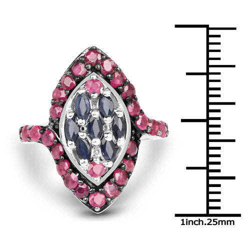 Bague de fiançailles en argent sterling avec saphir bleu et rubis de 1,77 carat