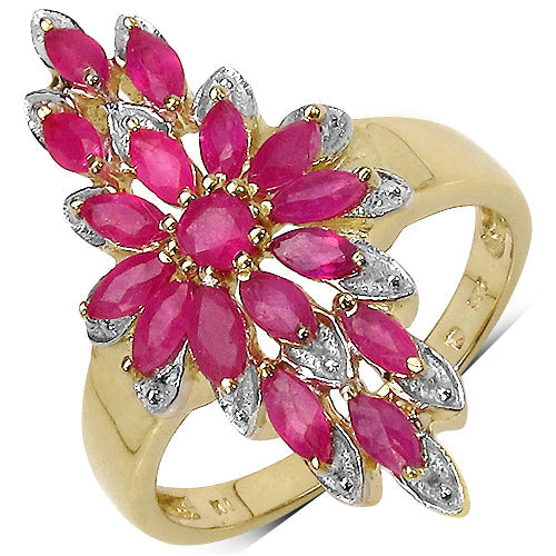 Anillo de Clúster de Rubíes Baño de Oro Amarillo de 14K en Plata Esterlina