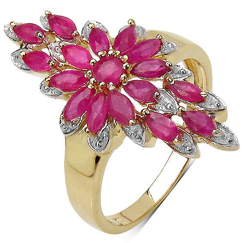 Anillo de Clúster de Rubíes Baño de Oro Amarillo de 14K en Plata Esterlina