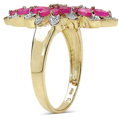 Anillo de Clúster de Rubíes Baño de Oro Amarillo de 14K en Plata Esterlina