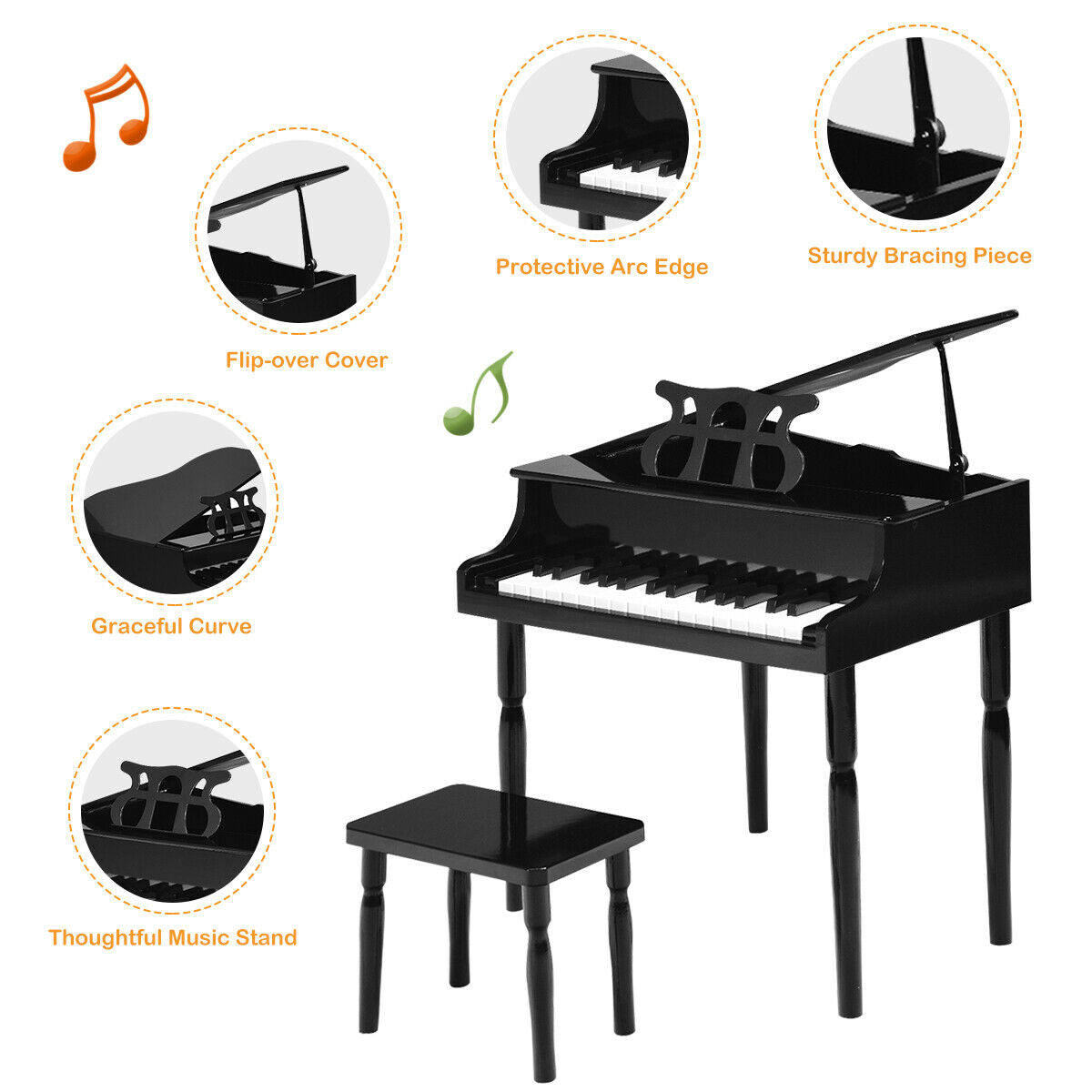 Piano à queue en bois pour enfants avec 30 touches et banc - Noir