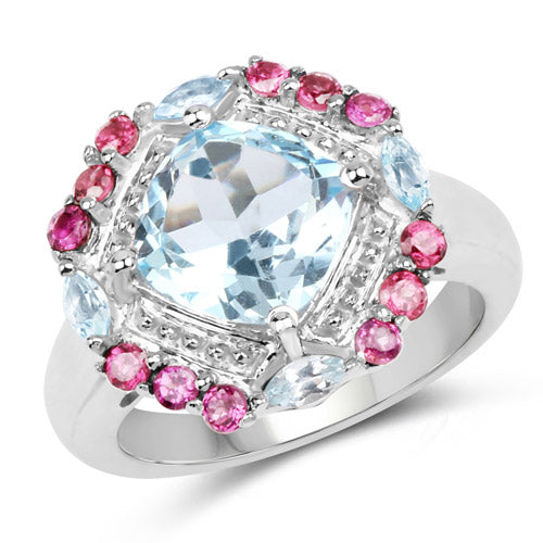 Bague en argent sterling avec topaze bleue et rhodolite de 4,73 carats