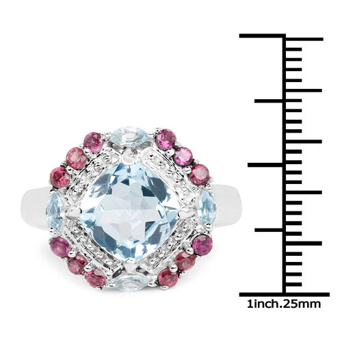 Bague en argent sterling avec topaze bleue et rhodolite de 4,73 carats