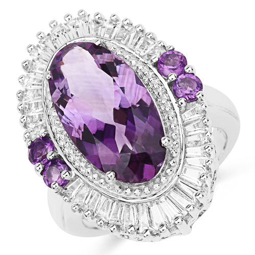 Bague en argent sterling avec améthyste véritable de 7,96 carats et topaze blanche