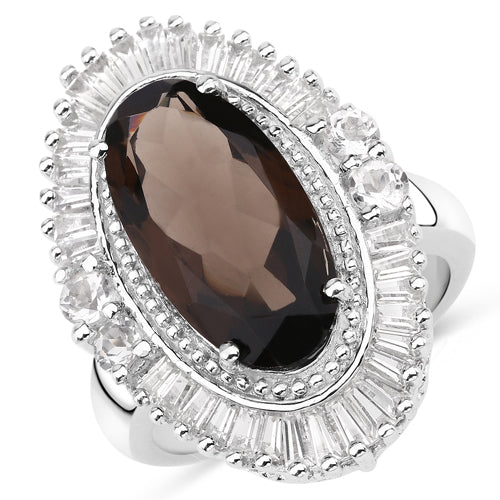 Anillo de Cuarzo Ahumado de 8.12 Quilates y Topacio Blanco en Plata de Ley