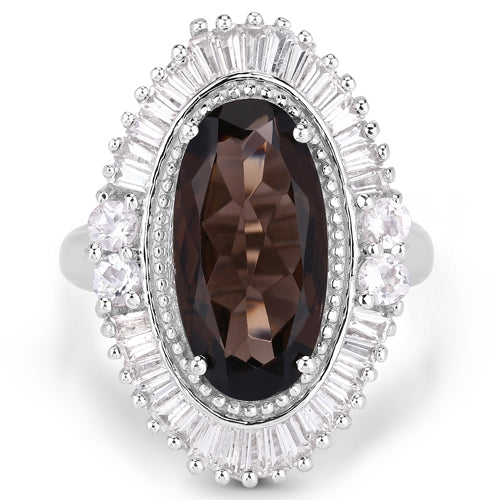 Anillo de Cuarzo Ahumado de 8.12 Quilates y Topacio Blanco en Plata de Ley