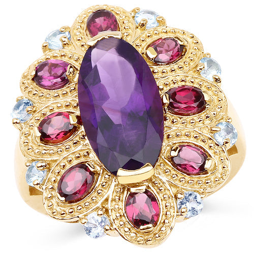 Anillo de cóctel de amatista y topacio chapado en oro amarillo de 14 quilates