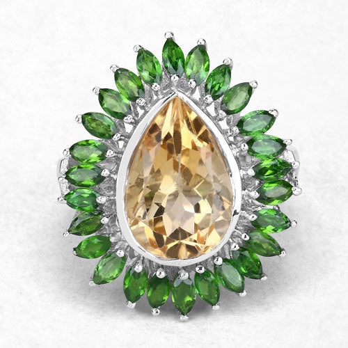 Anillo de Plata Esterlina con Citrino y Diopside Cromado de 7.02 Quilates