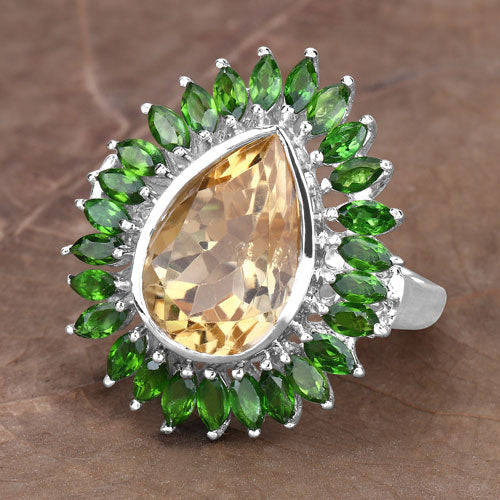 Anillo de Plata Esterlina con Citrino y Diopside Cromado de 7.02 Quilates