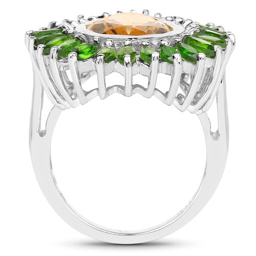 Anillo de Plata Esterlina con Citrino y Diopside Cromado de 7.02 Quilates