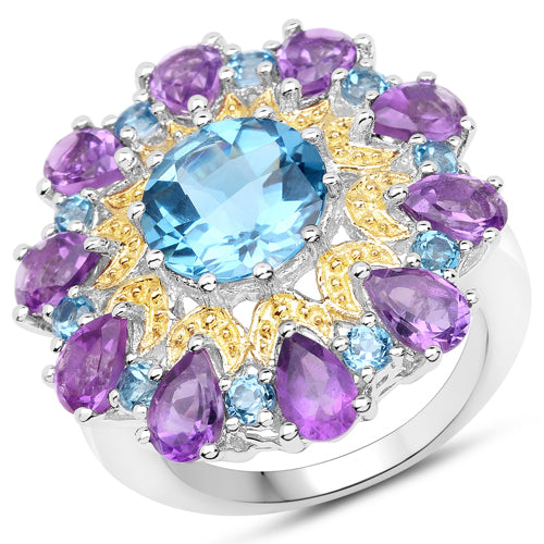 8.86 Carat London Blue Topaz & Amethyst Sterling Silver Ring