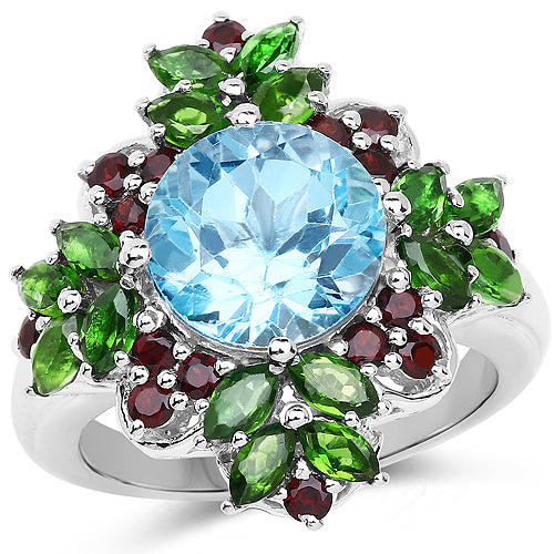 Bague de fiançailles en argent sterling .925 avec topaze bleue de 5,76 carats et grenat