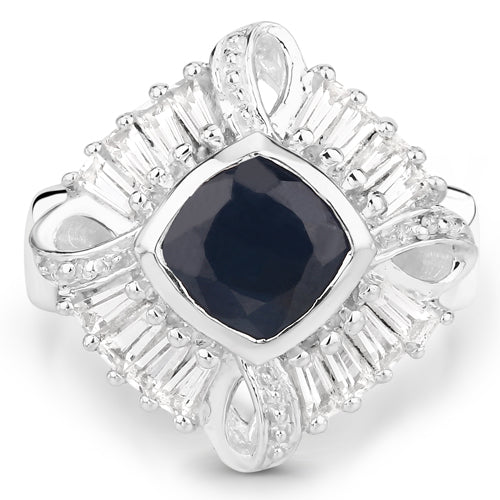 3.06 Carat Sapphire and White Topaz Sterling Silver Ring