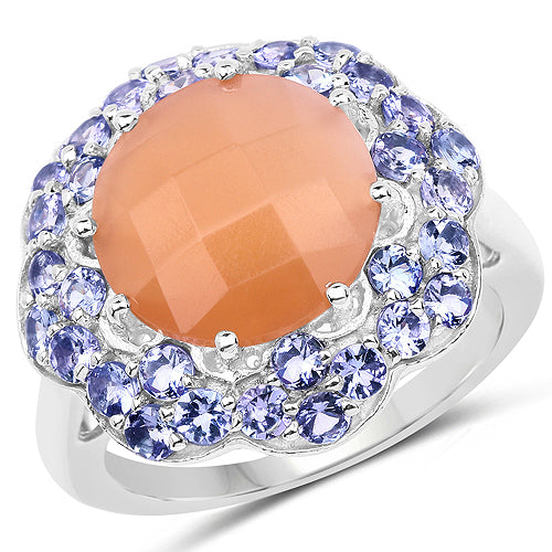 Anillo de Plata de Ley con Piedra Luna Melocotón y Tanzanita de 7.20 Quilates