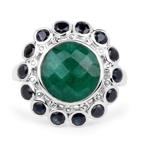 6.88 Carat Dyed Emerald & Blue Sapphire Sterling Silver Ring