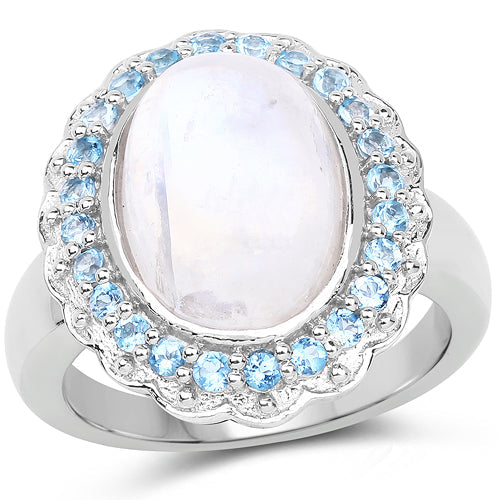 7.21 Carat Genuine White Rainbow Moonstone & Swiss Blue Topaz Ring