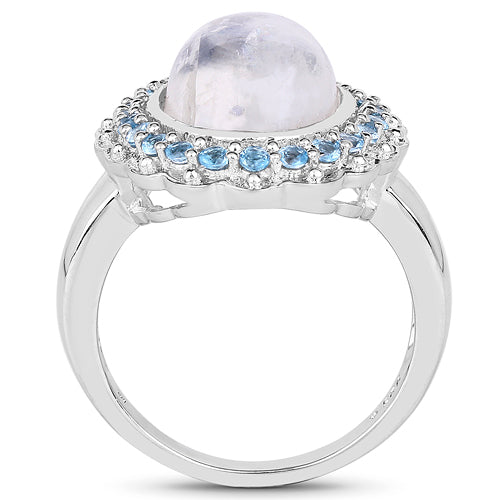 7.21 Carat Genuine White Rainbow Moonstone & Swiss Blue Topaz Ring