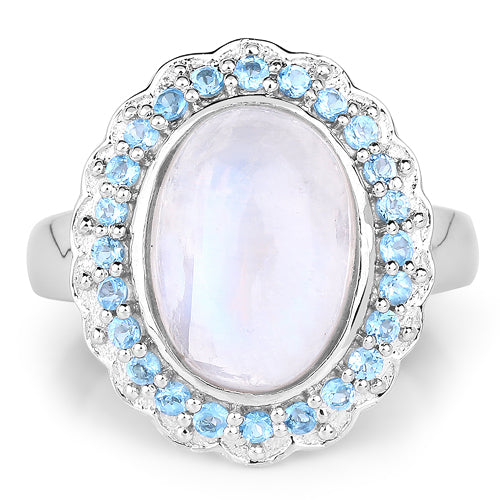 7.21 Carat Genuine White Rainbow Moonstone & Swiss Blue Topaz Ring