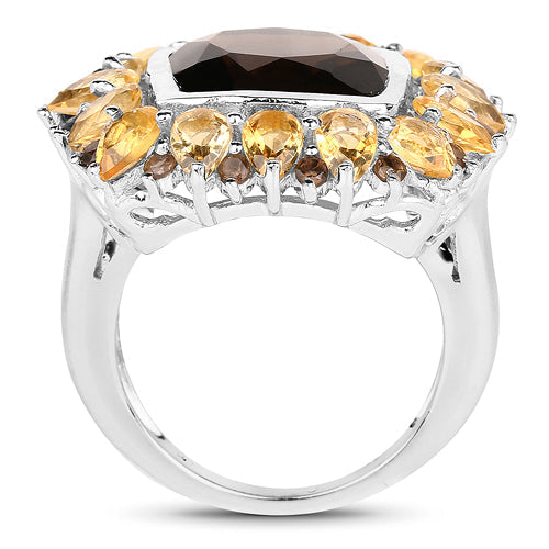Anillo de cóctel de plata esterlina con cuarzo ahumado y citrino de 9.16 quilates