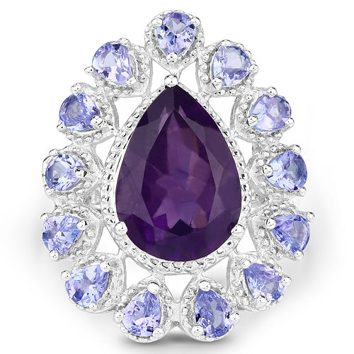 Bague en argent sterling de 5,82 carats avec améthyste et tanzanite véritables