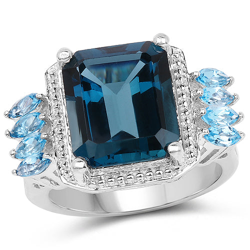 Anillo de Topacio Azul de Londres y Topacio Azul Suizo de 8.17 Quilates