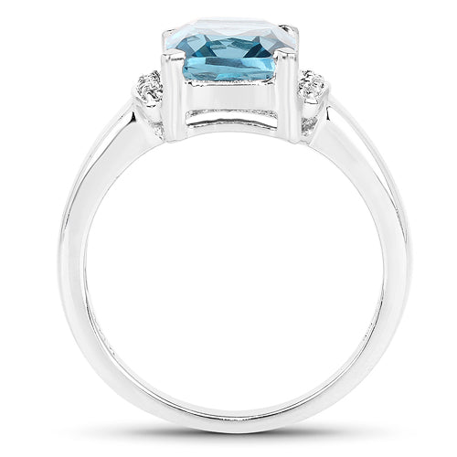 Anillo de plata esterlina con topacio azul de Londres y topacio blanco de 3.55 quilates