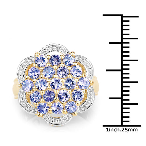 Bague en argent sterling avec cluster de tanzanite plaqué or jaune 14K