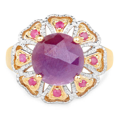 Bague cocktail en saphir rose et rubis plaquée or jaune 14K