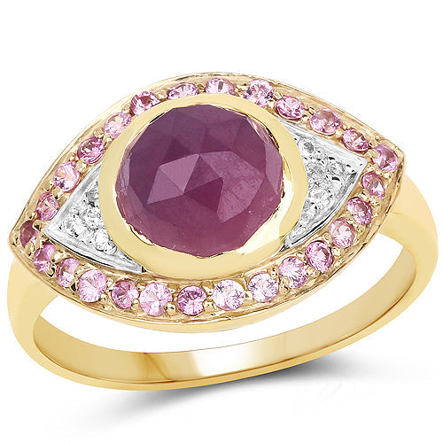 Anillo de Zafiro Rosa y Topacio Blanco Bañado en Oro Amarillo de 14K