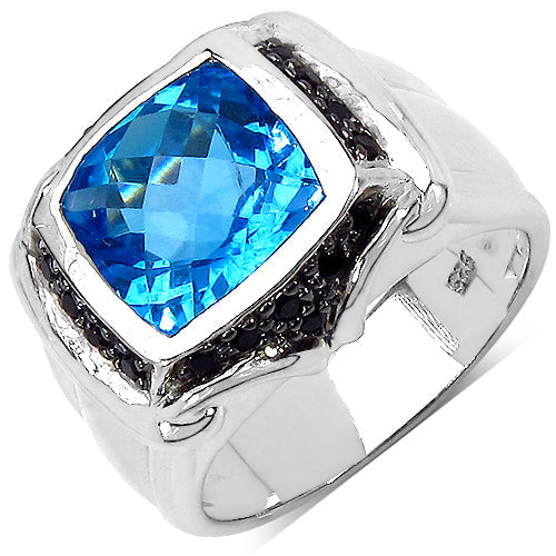 Bague en argent sterling avec topaze bleue suisse de 5,08 carats et spinelle noir