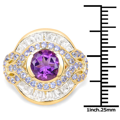 Bague Cocktail en Or Jaune 14K Plaqué Améthyste et Tanzanite