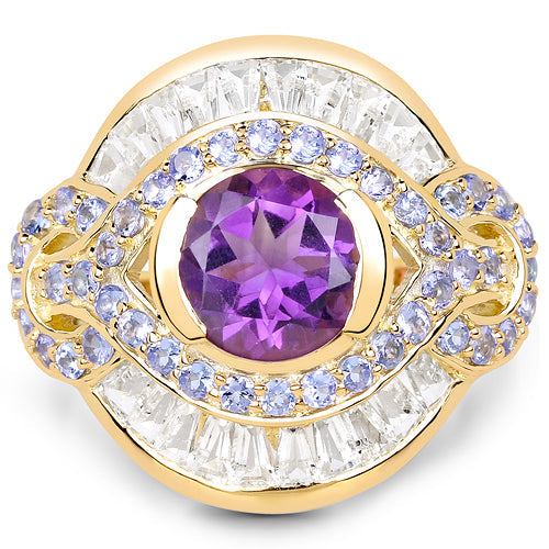 Bague Cocktail en Or Jaune 14K Plaqué Améthyste et Tanzanite