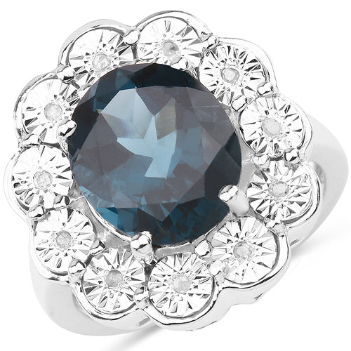 Anillo de plata esterlina con topacio azul de Londres y diamantes de 5.11 quilates