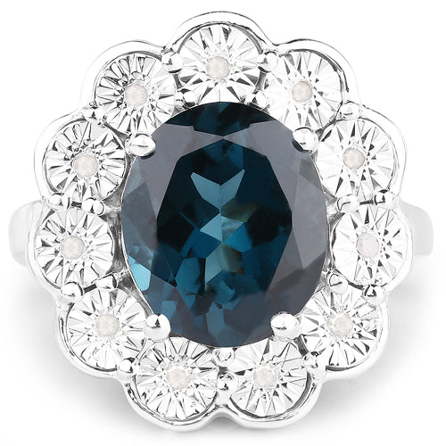 Anillo de plata esterlina con topacio azul de Londres y diamantes de 5.11 quilates