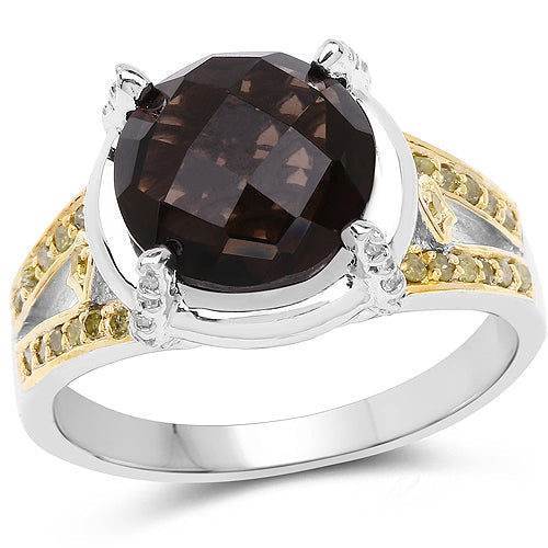 Bague en argent sterling avec quartz fumé et diamants de 3,28 carats