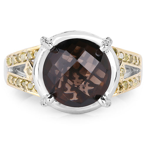 Bague en argent sterling avec quartz fumé et diamants de 3,28 carats