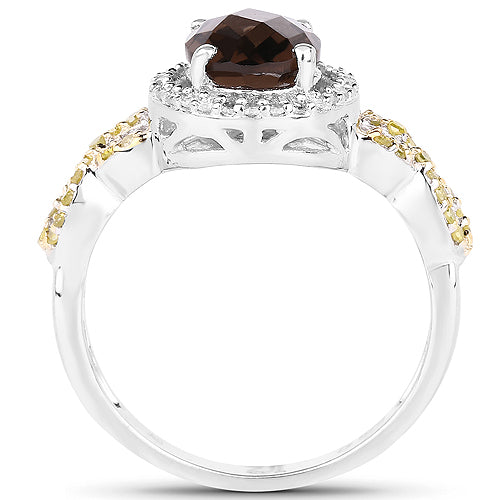 1.90 Carat Smoky Quartz & Diamond Sterling Silver Cocktail Ring